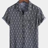 Retro Black Geometric Print Pocket Short Sleeve Shirt