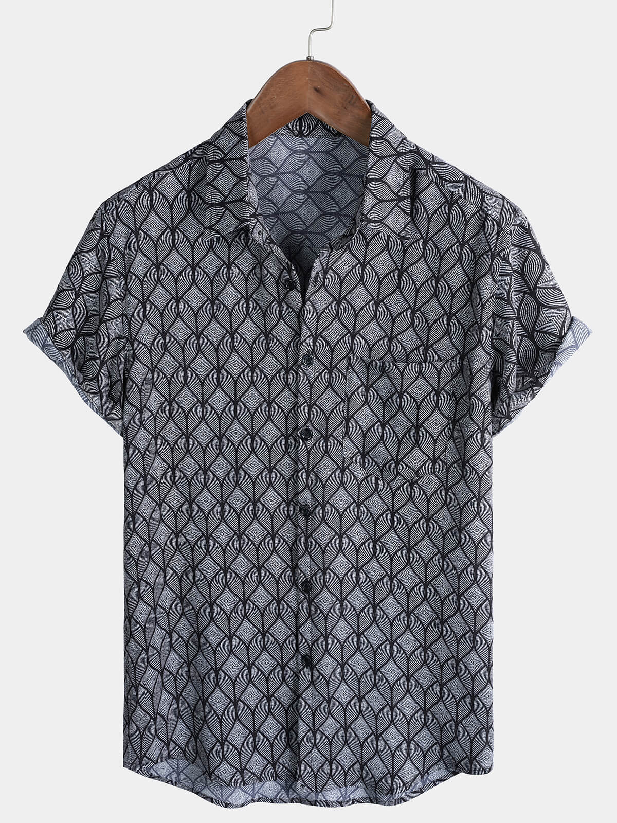 Retro Black Geometric Print Pocket Short Sleeve Shirt