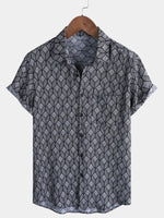 Retro Black Geometric Print Pocket Short Sleeve Shirt
