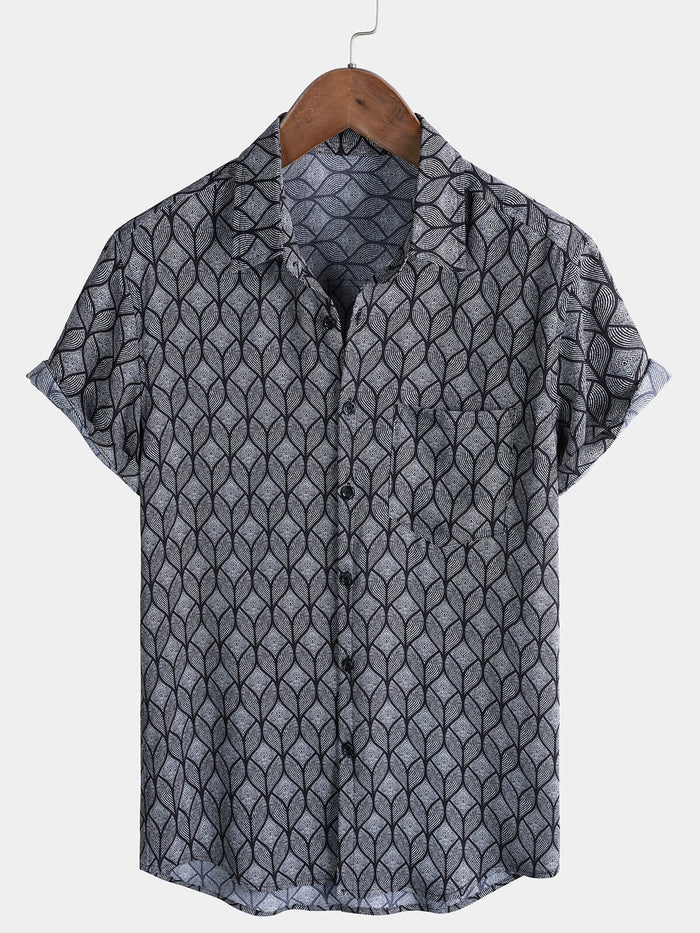 Retro Black Geometric Print Pocket Short Sleeve Shirt