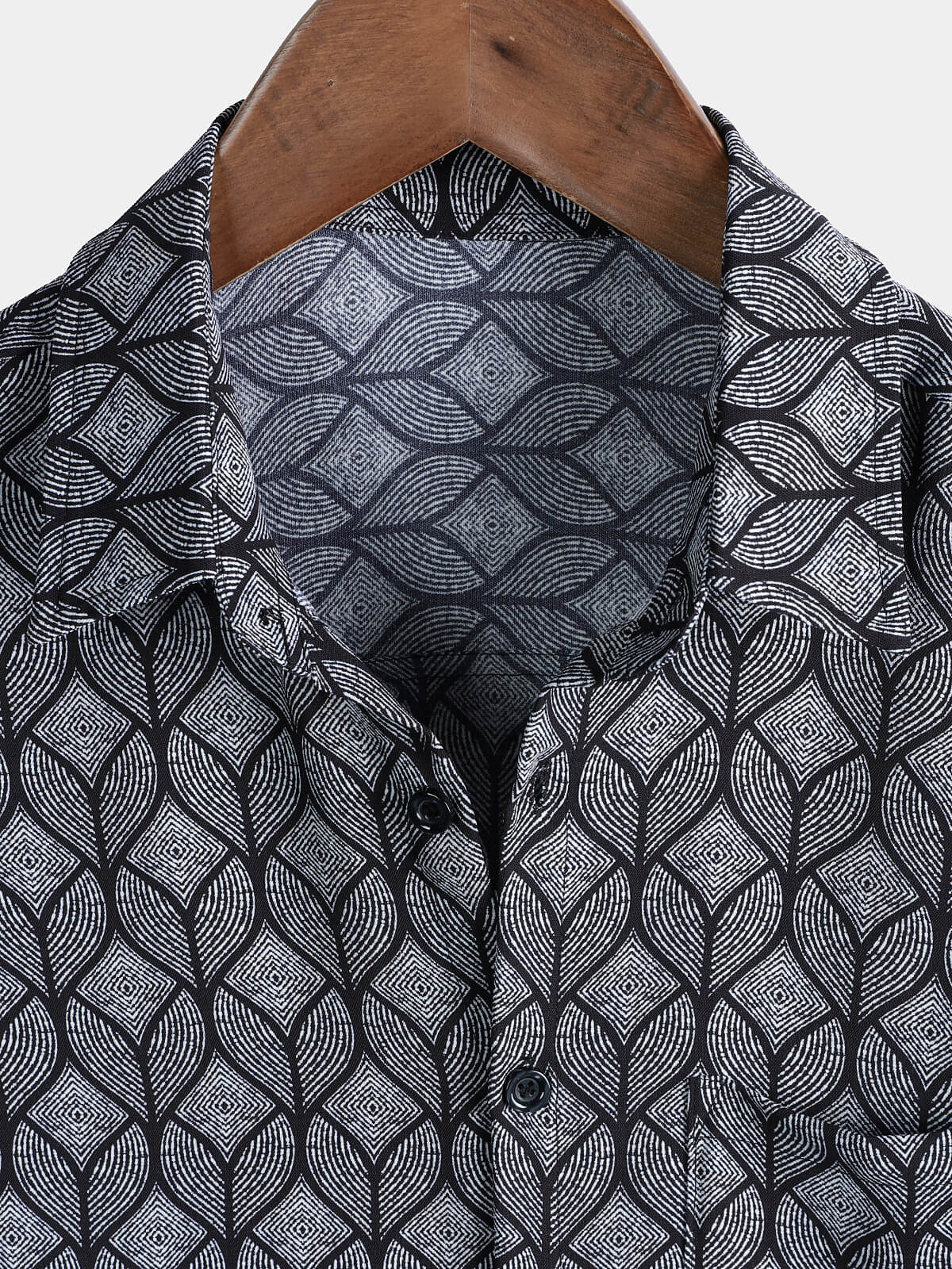 Retro Black Geometric Print Pocket Short Sleeve Shirt