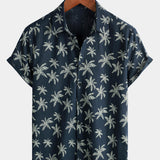 Button-Up Hawaiian Navy Palm Print Short Sleeve Shirt