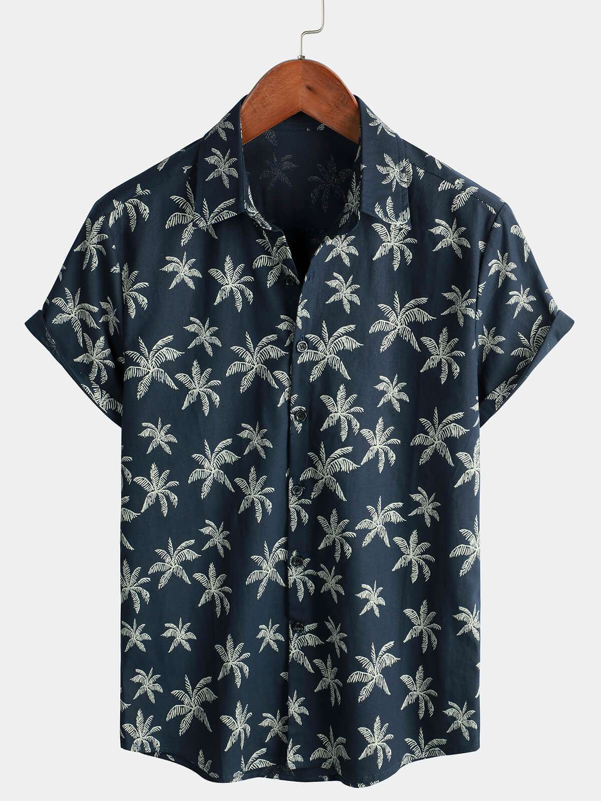 Button-Up Hawaiian Navy Palm Print Short Sleeve Shirt