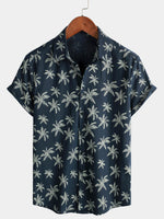 Button-Up Hawaiian Navy Palm Print Short Sleeve Shirt