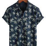 Cotton Hawaiian Shirt with Short Sleeves, Palm Pattern for Men