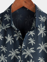 Button-Up Hawaiian Navy Palm Print Short Sleeve Shirt
