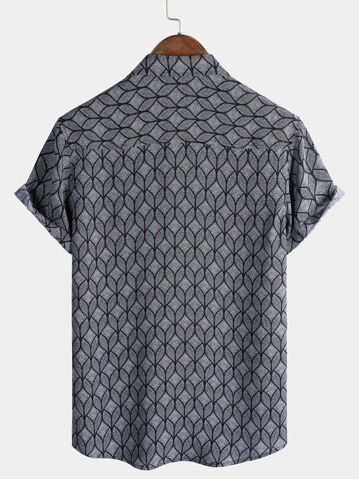 Retro Black Geometric Print Pocket Short Sleeve Shirt