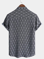 Retro Black Geometric Print Pocket Short Sleeve Shirt