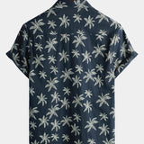 Button-Up Hawaiian Navy Palm Print Short Sleeve Shirt