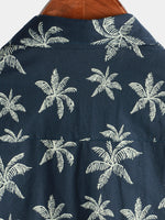 Button-Up Hawaiian Navy Palm Print Short Sleeve Shirt