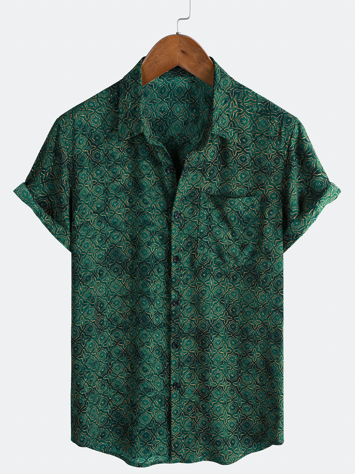Vintage Relaxed Green Geometric Print Short Sleeve Shirt