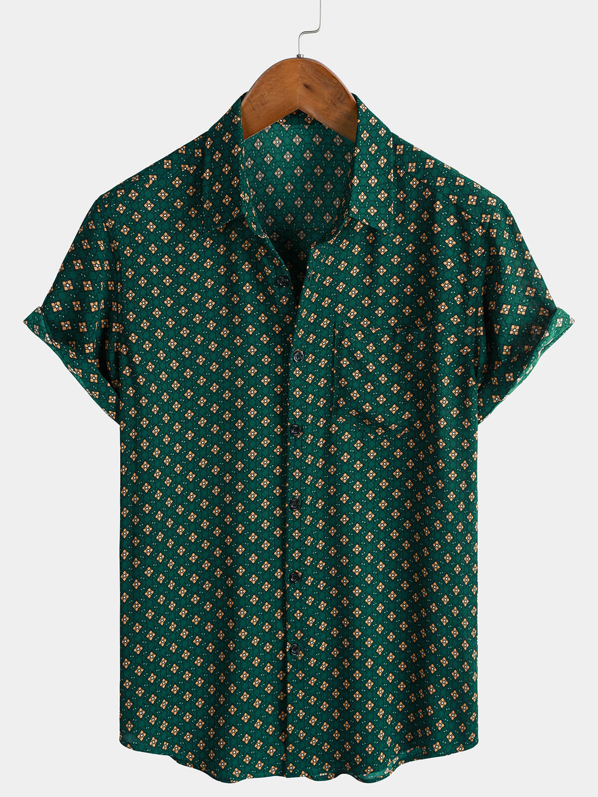 Bohemian Casual Green Diamond Pattern Short Sleeve Shirt