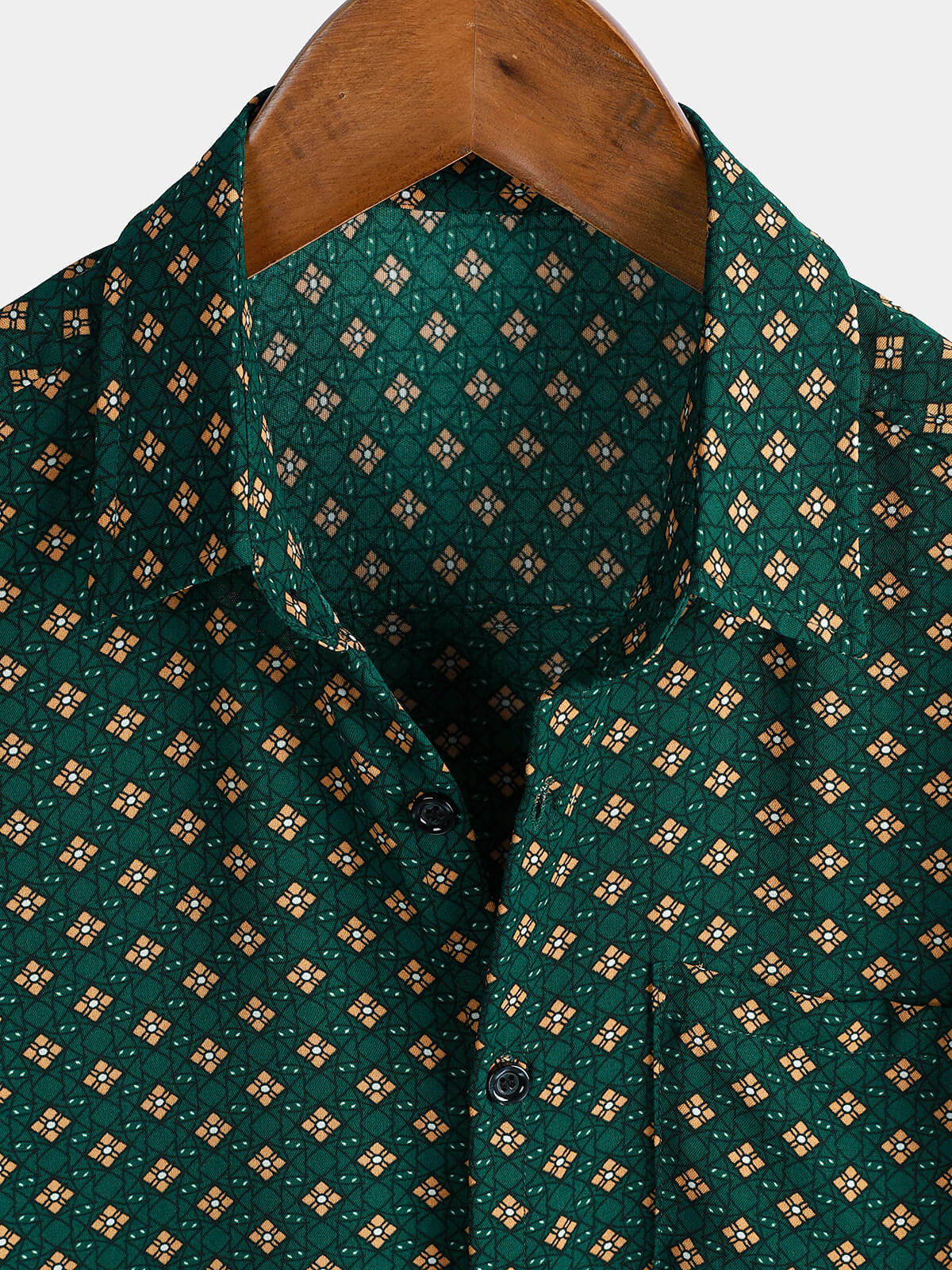 Bohemian Casual Green Diamond Pattern Short Sleeve Shirt