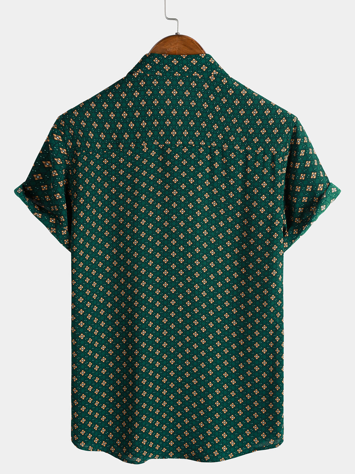 Bohemian Casual Green Diamond Pattern Short Sleeve Shirt