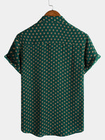 Bohemian Casual Green Diamond Pattern Short Sleeve Shirt