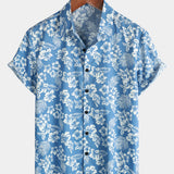 Tropical Blue Leaves Button-Up Short-Sleeve Beach Shirt, Aloha Resort