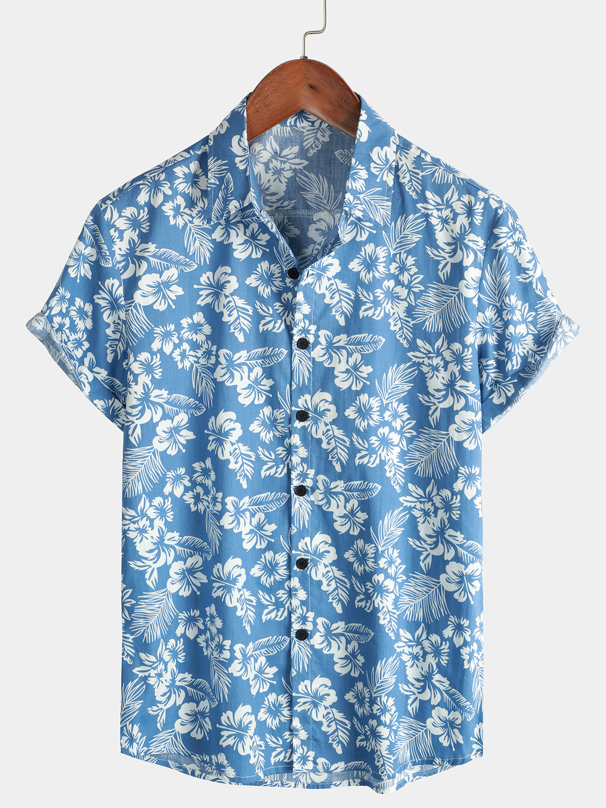 Tropical Blue Leaves Button-Up Short-Sleeve Beach Shirt, Aloha Resort