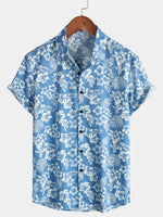 Tropical Blue Leaves Button-Up Short-Sleeve Beach Shirt, Aloha Resort
