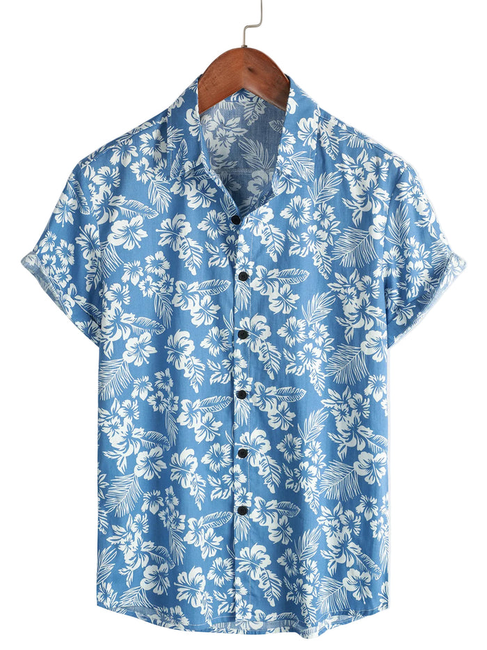 Aloha Short Sleeve Shirt in Blue Tropical Floral Pattern for Men