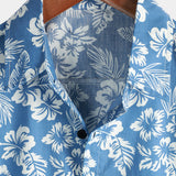 Tropical Blue Leaves Button-Up Short-Sleeve Beach Shirt, Aloha Resort