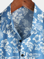 Tropical Blue Leaves Button-Up Short-Sleeve Beach Shirt, Aloha Resort