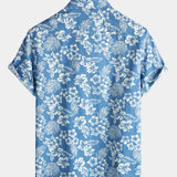 Tropical Blue Leaves Button-Up Short-Sleeve Beach Shirt, Aloha Resort