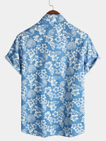Tropical Blue Leaves Button-Up Short-Sleeve Beach Shirt, Aloha Resort