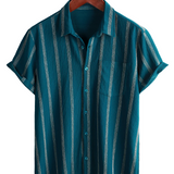 Summer Men's Vintage Cotton Hawaiian Striped Shirt with Chest Buttons