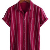 Summer Men's Vintage Cotton Hawaiian Striped Shirt with Chest Buttons