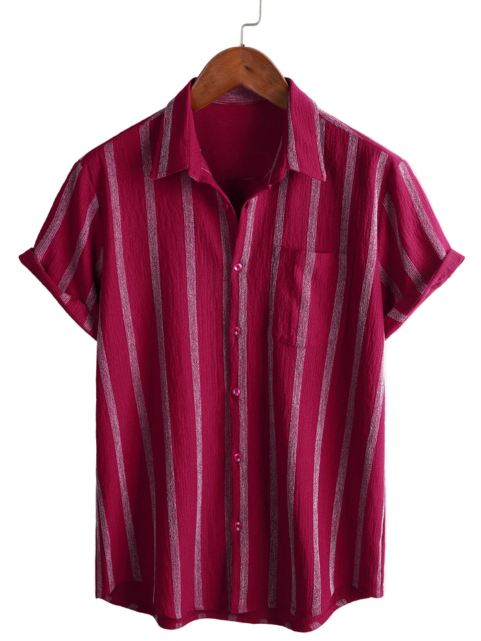 Summer Men's Vintage Cotton Hawaiian Striped Shirt with Chest Buttons