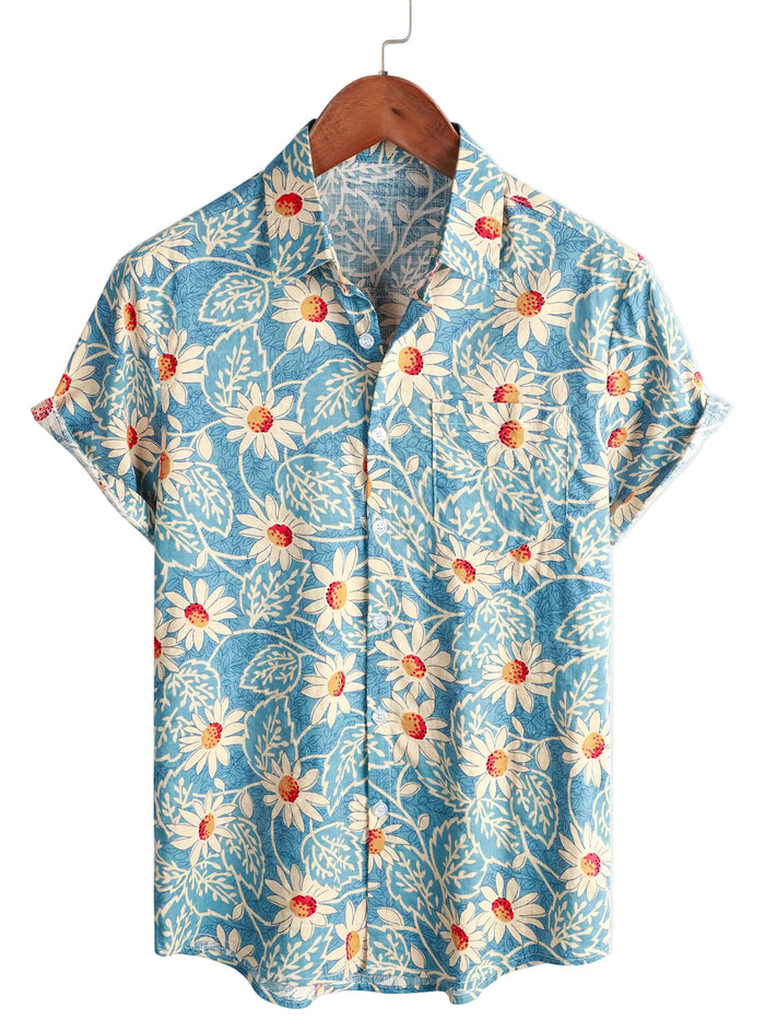 Cotton Floral Hawaiian Style Shirt for Men, Vacation, With Buttons, Blue, Short Sleeves