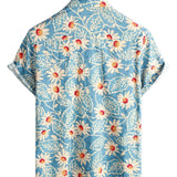 Cotton Floral Hawaiian Style Shirt for Men, Vacation, With Buttons, Blue, Short Sleeves