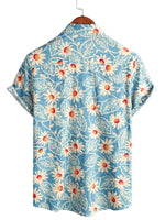 Cotton Floral Hawaiian Style Shirt for Men, Vacation, With Buttons, Blue, Short Sleeves