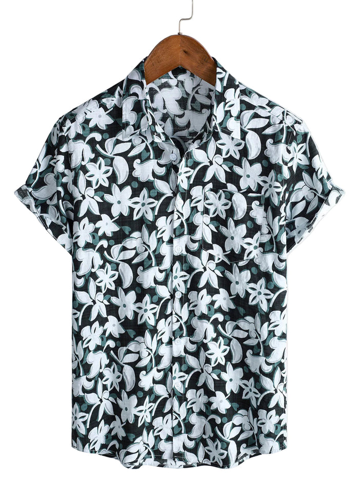 Cotton Tropical-Style Vacation Shirt with Floral Pattern, Short Sleeve for Men