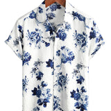 Men's Hawaiian Cotton Shirt in Blue Floral Pattern, Short Sleeve, with Buttons and White Collar