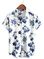Men's Hawaiian Cotton Shirt in Blue Floral Pattern, Short Sleeve, with Buttons and White Collar