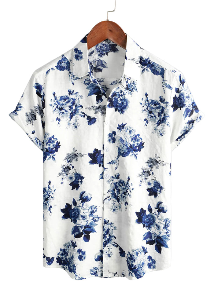 Men's Hawaiian Cotton Shirt in Blue Floral Pattern, Short Sleeve, with Buttons and White Collar