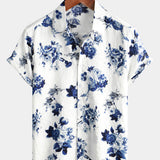 Button-Up Hawaiian Blue Floral Print Short Sleeve Shirt