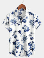 Button-Up Hawaiian Blue Floral Print Short Sleeve Shirt
