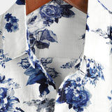 Button-Up Hawaiian Blue Floral Print Short Sleeve Shirt