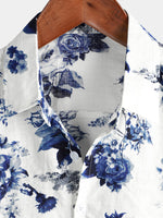 Button-Up Hawaiian Blue Floral Print Short Sleeve Shirt