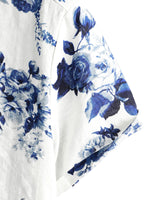 Men's Hawaiian Cotton Shirt in Blue Floral Pattern, Short Sleeve, with Buttons and White Collar