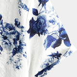 Button-Up Hawaiian Blue Floral Print Short Sleeve Shirt