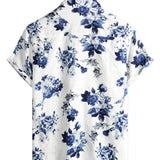 Men's Hawaiian Cotton Shirt in Blue Floral Pattern, Short Sleeve, with Buttons and White Collar