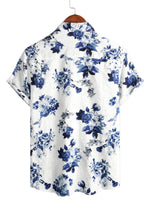 Men's Hawaiian Cotton Shirt in Blue Floral Pattern, Short Sleeve, with Buttons and White Collar