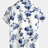 Button-Up Hawaiian Blue Floral Print Short Sleeve Shirt