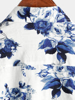 Button-Up Hawaiian Blue Floral Print Short Sleeve Shirt