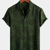 Button-Up Short Sleeve Shirt, Dark Green Floral Print, Vintage Hawaiian, Soft, Beach Vacation