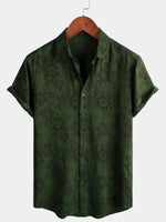 Button-Up Short Sleeve Shirt, Dark Green Floral Print, Vintage Hawaiian, Soft, Beach Vacation