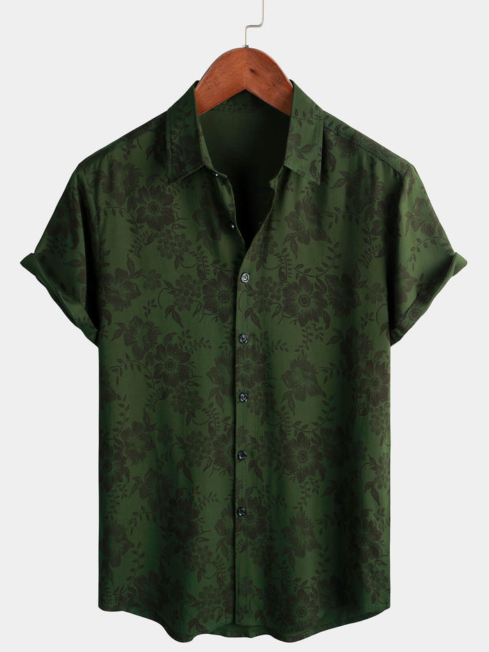 Button-Up Short Sleeve Shirt, Dark Green Floral Print, Vintage Hawaiian, Soft, Beach Vacation